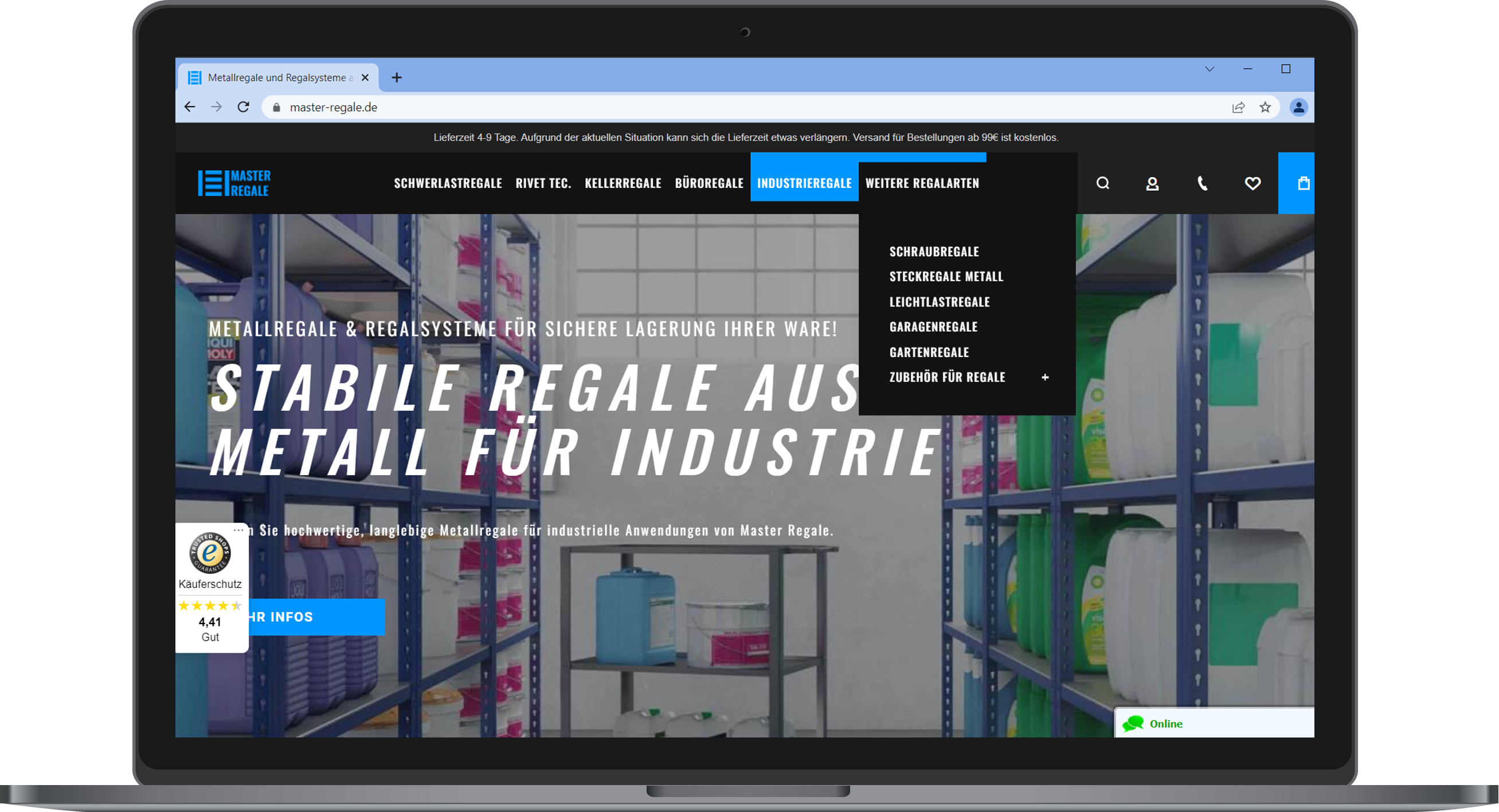 Screenshot der Seite Master Regale für die Präsentation des Use Cases zur Websiteerstellung