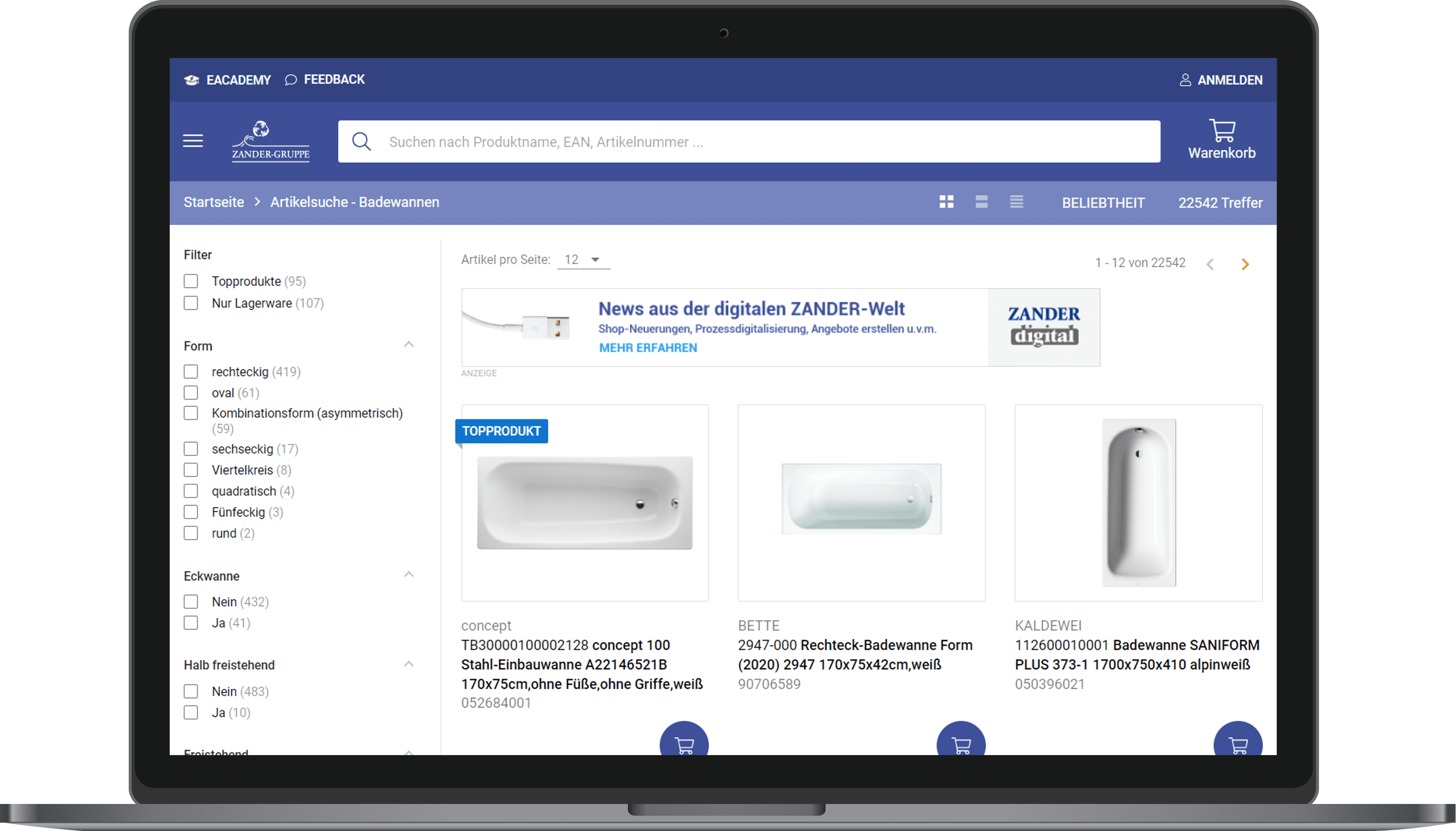 Screenshot, welcher die Verwendung von Retail Media in der Desktop Ansicht des Shops der Zander-Gruppe zeigt
